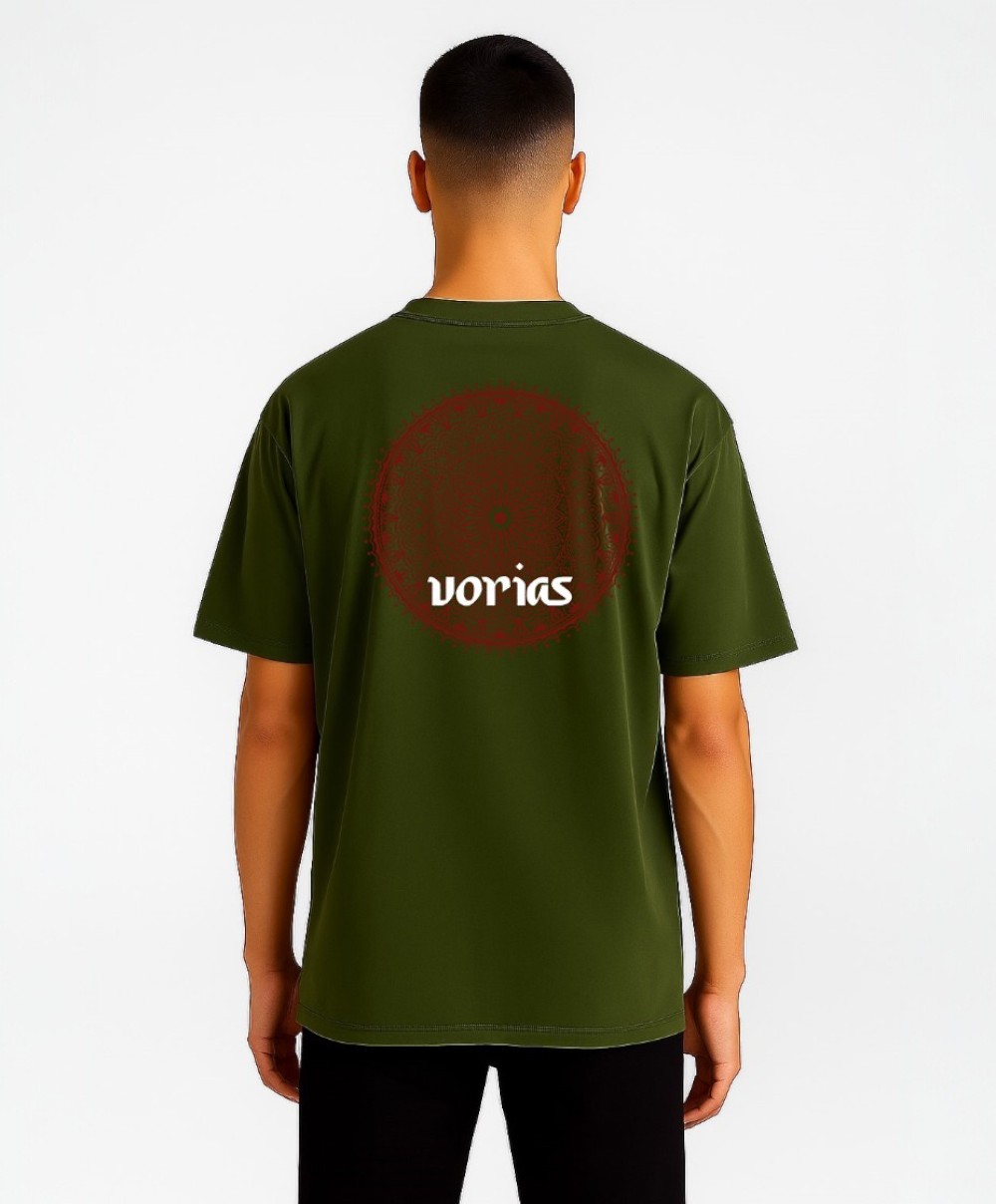 Haki Etnik Desen Baskılı Oversize fit %100 Pamuk Tee