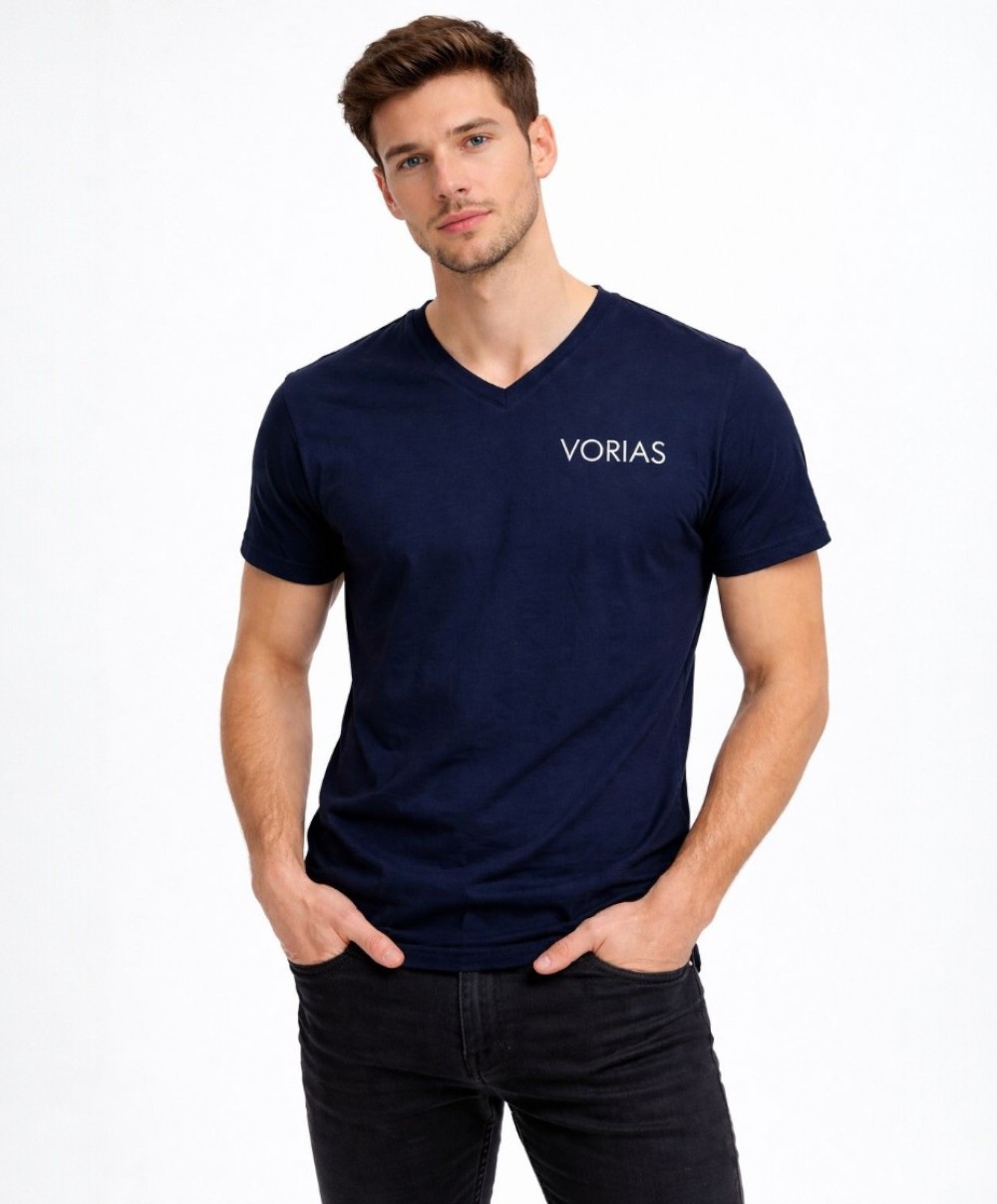 ERKEK BASKILI LACİVERT SLİM FİT  PAMUK V YAKA TSHIRT
