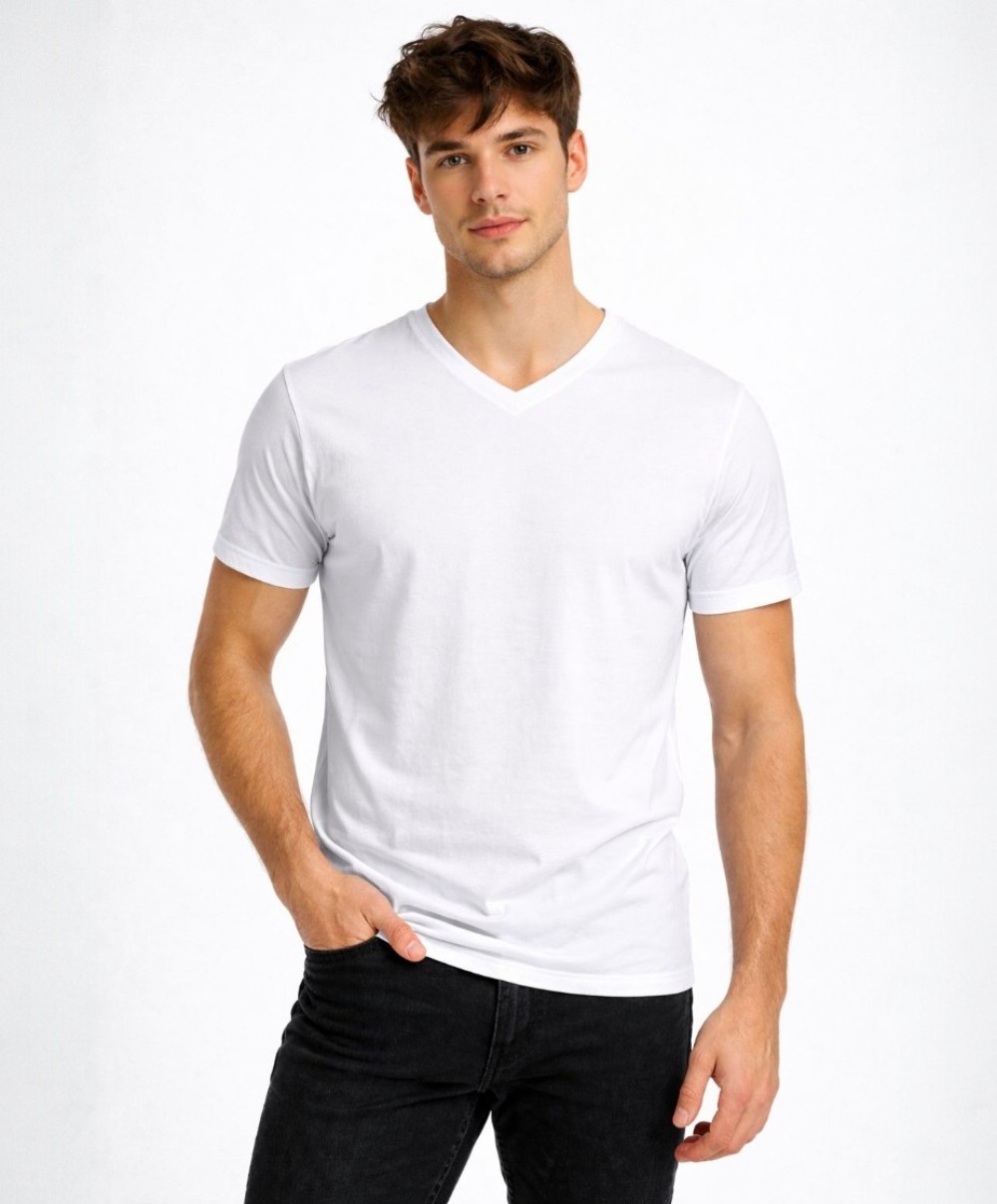ERKEK BEYAZ SLİM FİT  PAMUK V YAKA TSHIRT