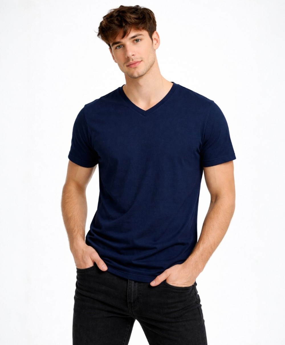 ERKEK LACİVERT SLİM FİT  PAMUK V YAKA TSHIRT