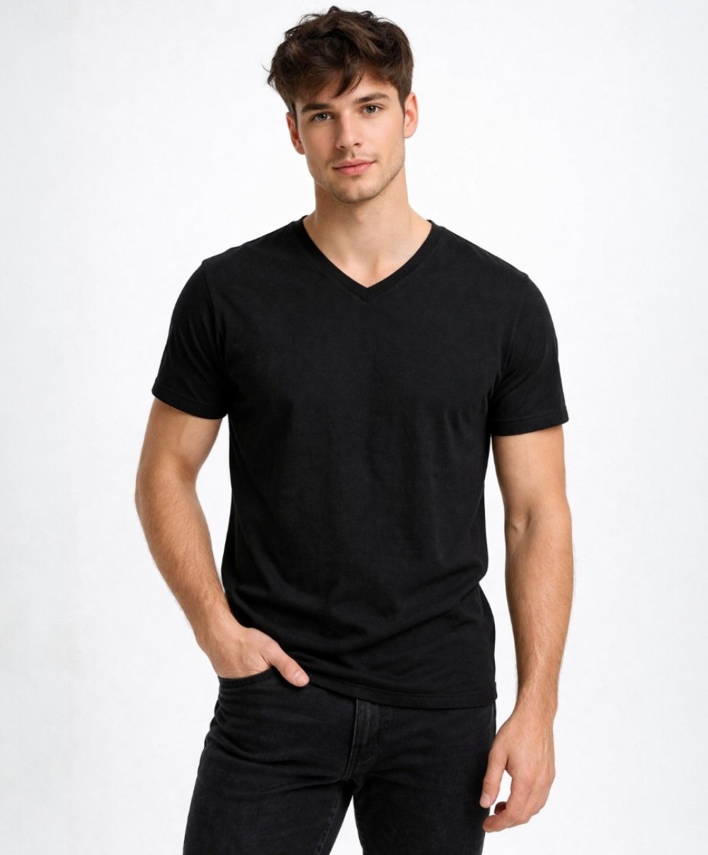 ERKEK SİYAH SLİM FİT PAMUK V YAKA TSHIRT